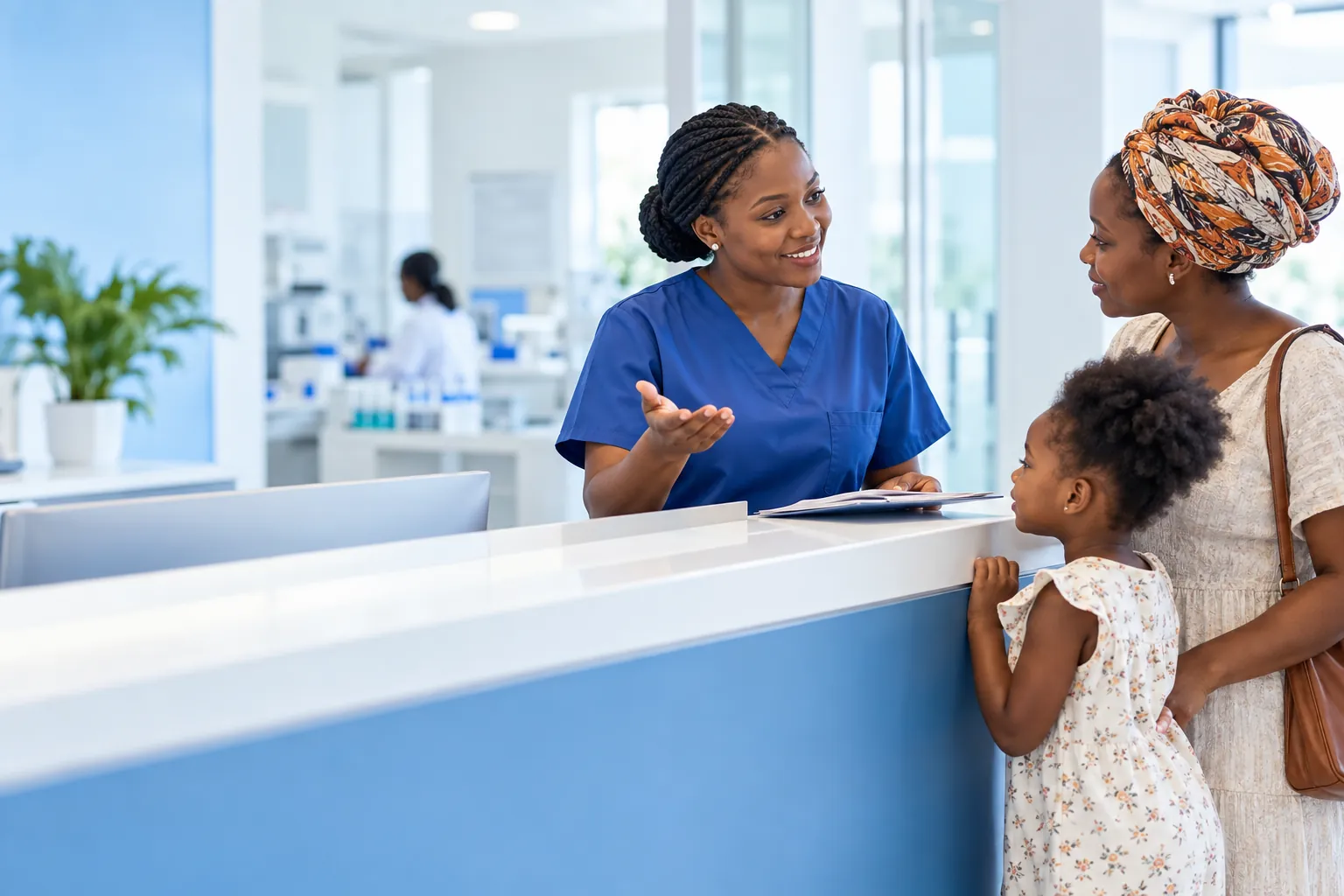 Illustration : une conseillère accueille une mère et sa fille au comptoir du laboratoire